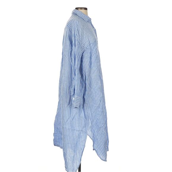 Zara 100% Linen Light Blue and White Striped Long Shirt Dress Size Small - Picture 4 of 6
